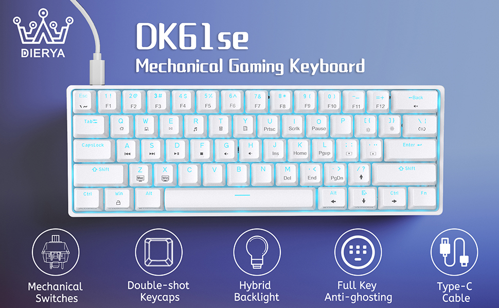 Dierya DK61se - Механічна ігрова клавіатура 60%, Blue Switch, компактний дизайн, USB-C, US Layout, білий колір