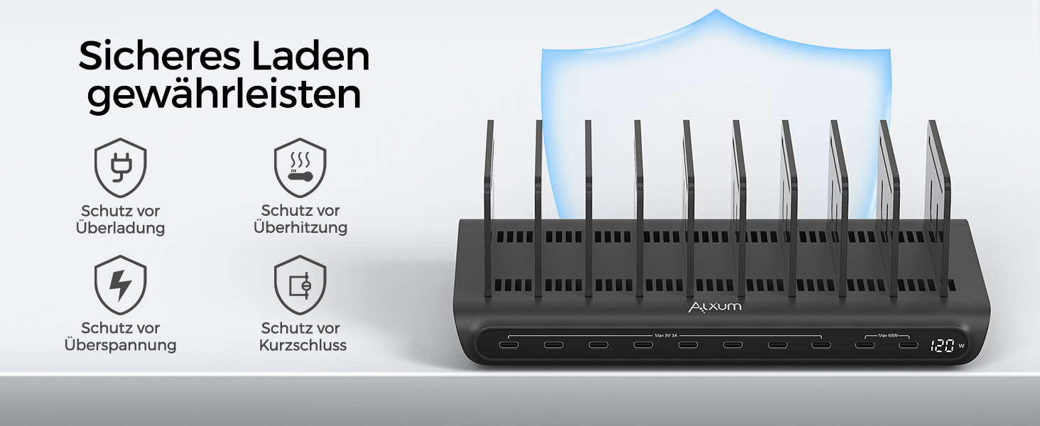 Зарядний пристрій Alxum 60W USB, 10 портів, 5V/2.4A, для телефону, планшета, Kindle - чорний