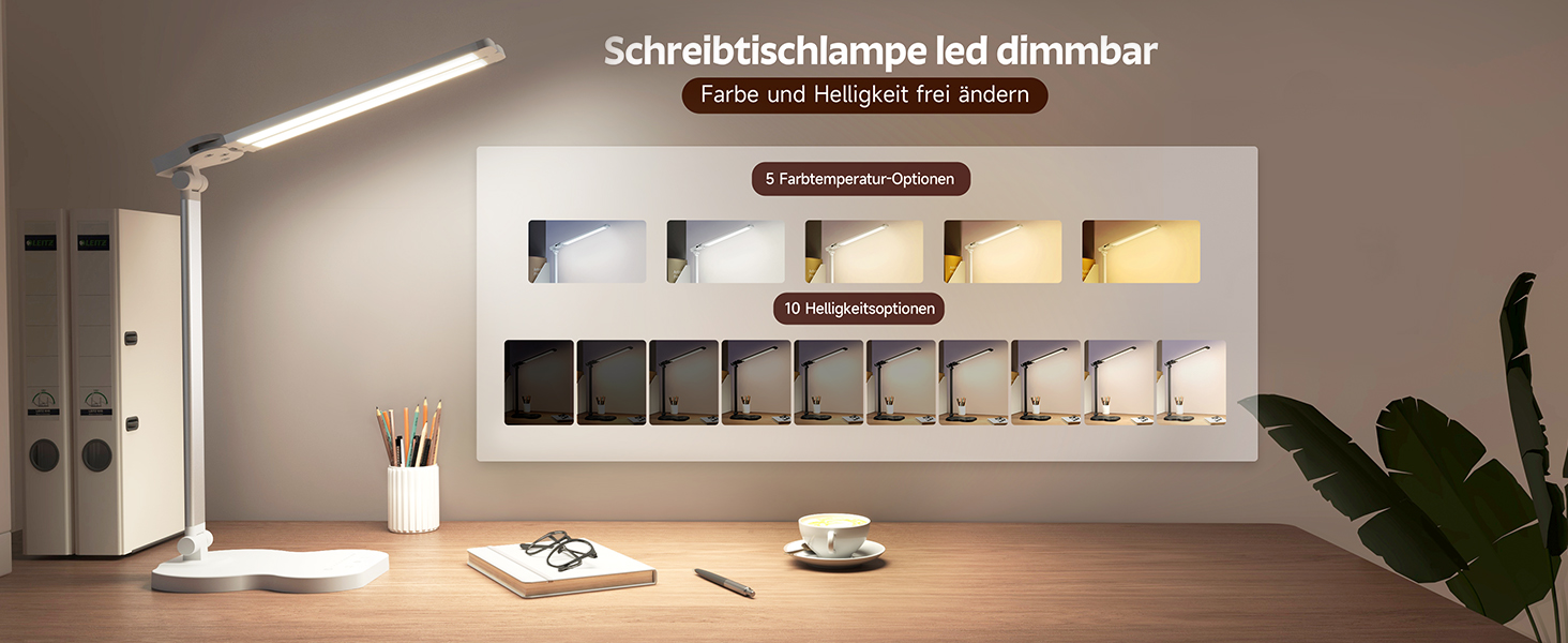 LED лампа настільна з двома руками, 5 кольорів та 10 рівнів яскравості, таймер вимкнення на 45 хвилин, сенсорне керування, для навчання (біла)