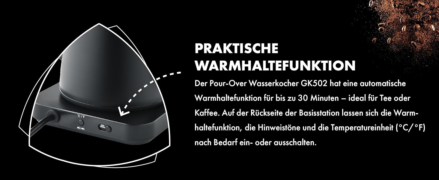Чайник Pour-Over GRAEF GK502, з регулюванням температури та таймером, з гусячим носиком, 900 мл, матовий чорний