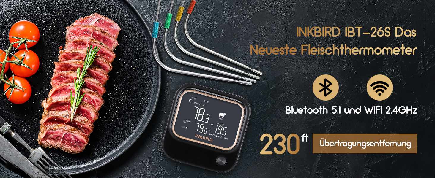 Гриль-термометр Inkbird IBT-26S з Bluetooth 5.1 і Wi-Fi, 4 датчики температури, магнітне кріплення, USB-зарядка, для кухні, духовки, гриля, BBQ, коптильні