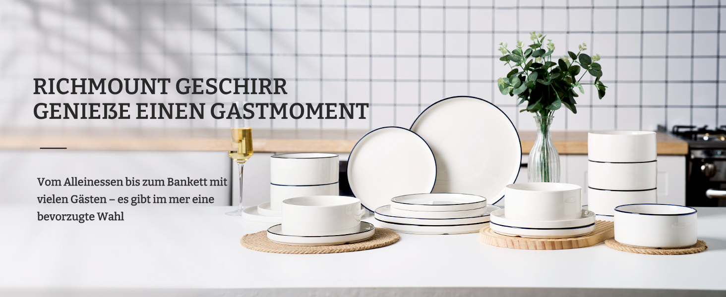 Набір посуду Richmount 18 предметів, порцеляновий сервіз на 6 осіб, білий з чорною облямівкою, для мікрохвильовки та посудомийної машини