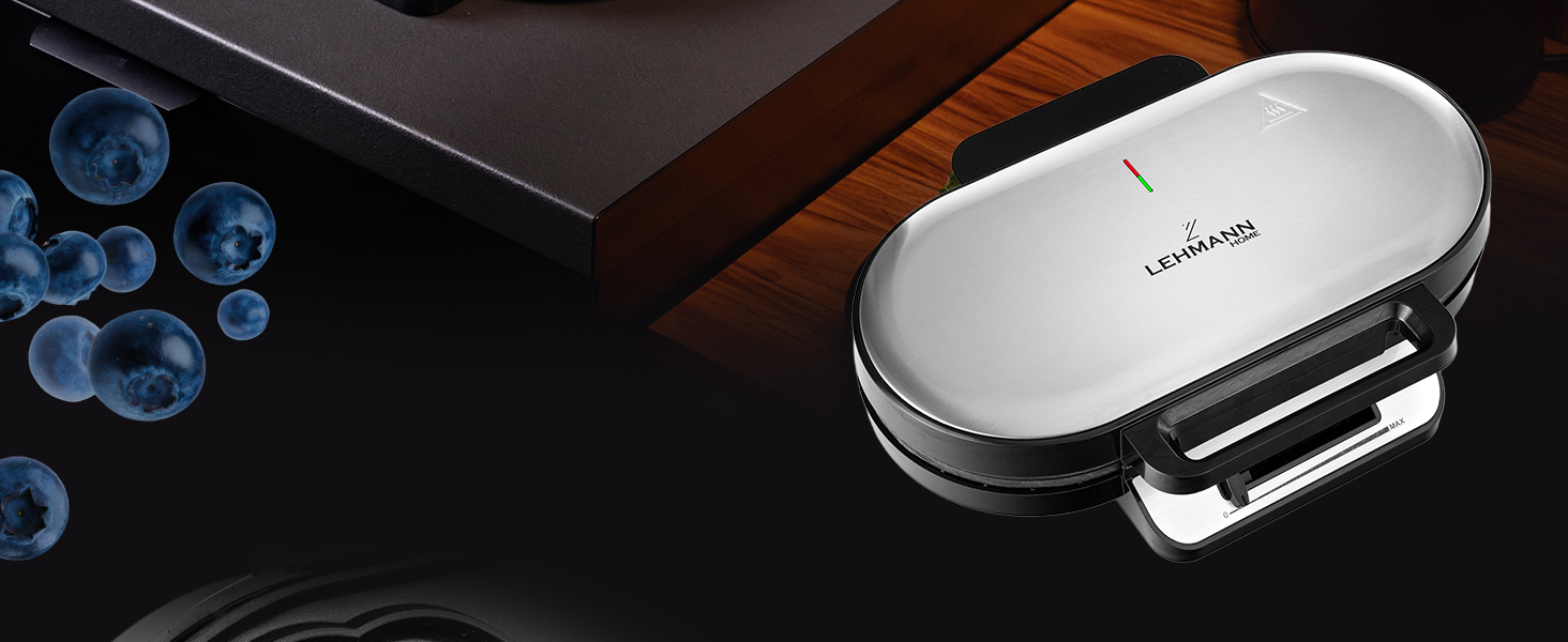 Вафельниця LEHMANN Doppel Waffeleisen Herzform - для випікання 10 вафель у формі серця, з антипригарним покриттям, регулюванням температури, індикатором нагріву, 1200W, чорний/срібний