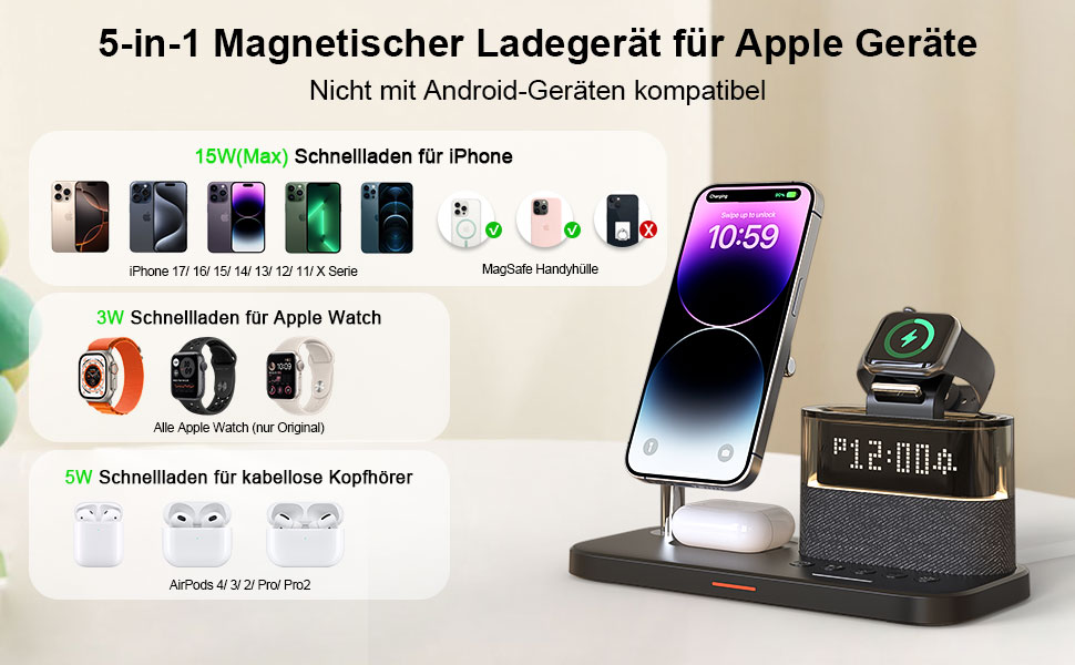 5-в-1 Бездротова зарядна станція з годинником та нічником для iPhone 17/16/15/14/13/12 Pro Max, Apple Watch, AirPods - 33W адаптер, білий