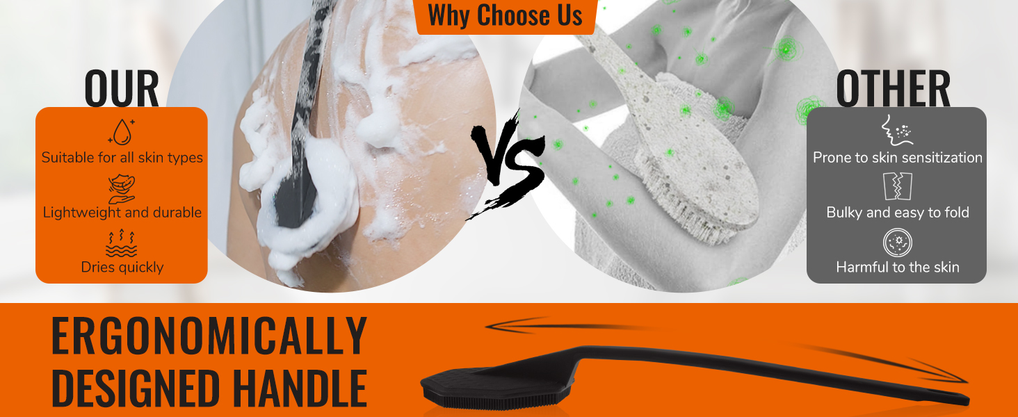 Силіконовий скребок для тіла під душ з довгим руків'ям, двостороння дзеркальна щітка для душу для скрабу та масажу, створює багато піни, скребок для спини з довгим руків'ям для чоловіків (Елегантний чорний)