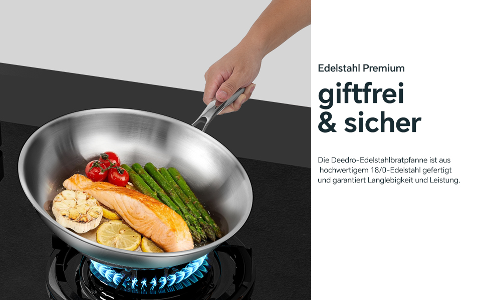Сковорода Deedro 28 см, індукційна, нержавіюча сталь, без покриття, для всіх типів плит, знімний ручка, можна використовувати в духовці та мити в посудомийній машині