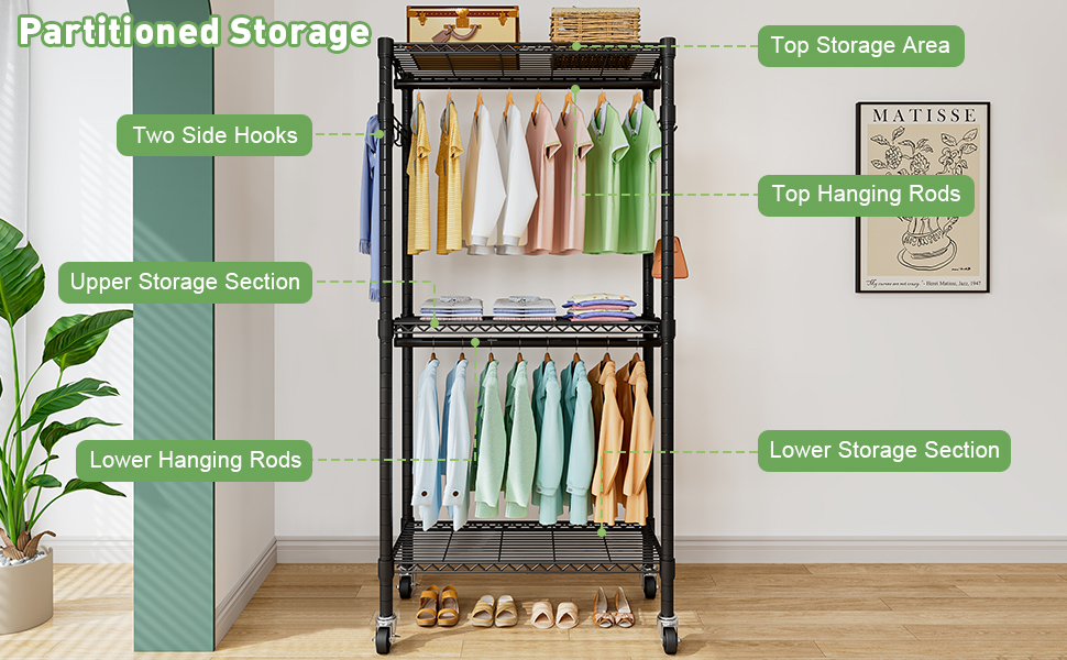 Вішалка для одягу на коліщатках металева з 3 штангами та полицею, чорна (41x81x210 см)