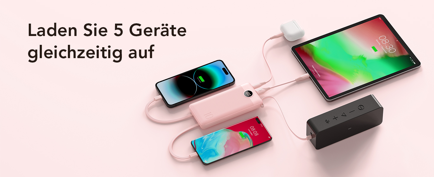 Powerbank VRURC 10000mAh з кабелем: портативний зарядний пристрій USB-C з LED дисплеєм та 5 виходами для iPhone, Huawei, Samsung та інших смартфонів - Рожевий