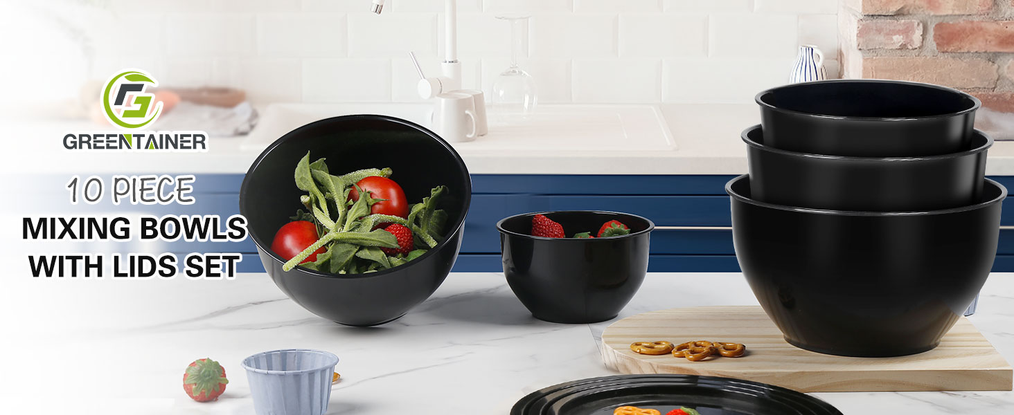 Набір салатниць з кришкою Greentainer, 10 шт. - пластикові миски для кухні, великий набір для змішування та сервірування, чорний