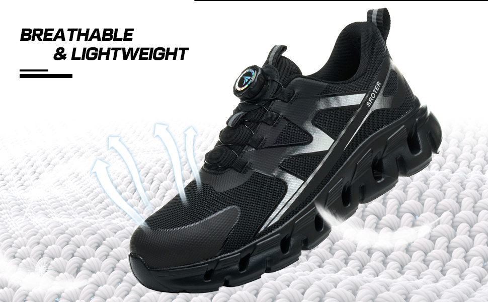 Черевики безпеки унісекс, легкі, спортивні, дихаючі, шнурки/крутильний замок, сталевий підносок, антиковзаючі, 43 EU, чорні