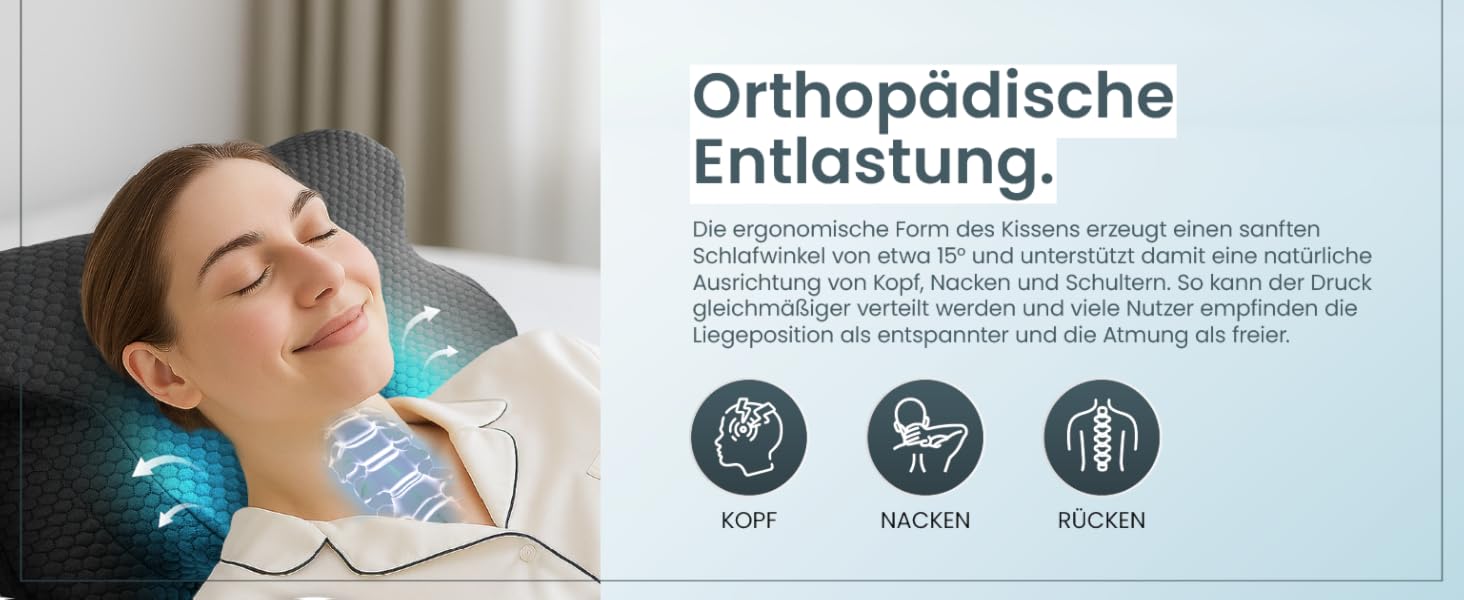 Ортопедична подушка для шиї при болях у шиї з високоякісної піни з пам'яті - Ергономічна подушка для шиї - Подушка для сну на боці, спині та животі - Праний чохол при 40°C (61 x 40 x12, Сірий)