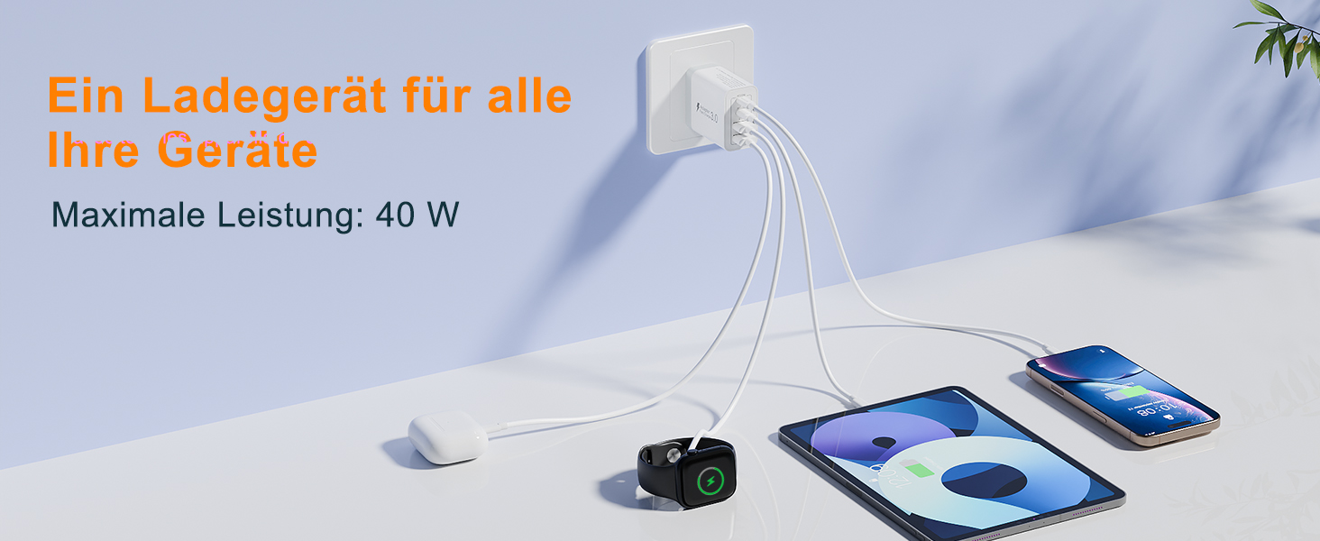 Мережевий зарядний пристрій USB C на 40W з 4 портами, PD3.0, для iPhone, iPad, Samsung, білий
