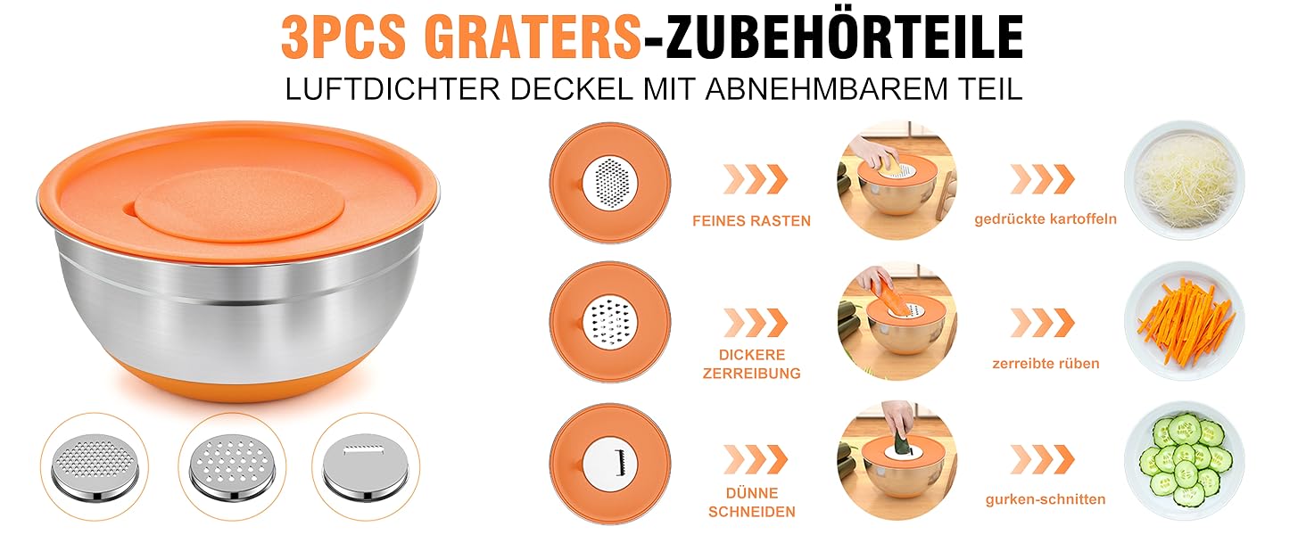 Набір місок для перемішування BEWOS 7 шт. з кришкою, нержавіюча сталь, набір місок з терткою, вкладна конструкція, кольорові нековзні дна, об'єм 4.3, 3.8, 3.3, 2, 1.4, 1, 0.7 л для змішування та подачі