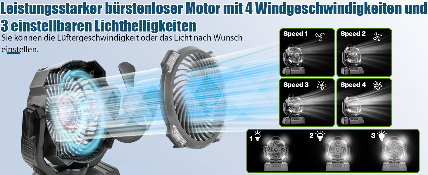 Портативний вентилятор для кемпінгу з акумулятором 10000mAh, LED-ліхтар, 270° обертання, USB-зарядка, для намету, відпочинку на природі, риболовлі, офісу (Чорний)