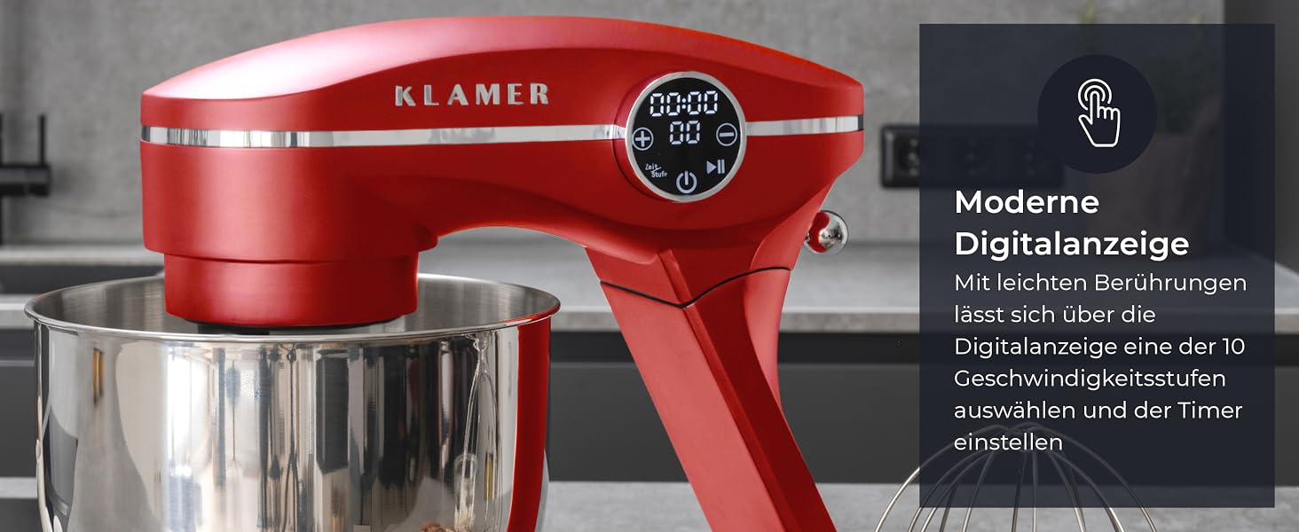 Кухонний комбайн-міксер KLAMER 1800W, планетарний міксер для тіста з чашею з нержавіючої сталі 6л, червоний