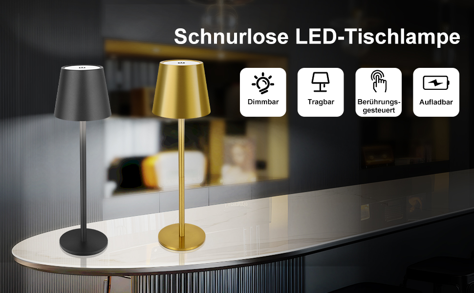 Світлодіодна настільна лампа бездротова з сенсорним керуванням, USB-C, димування, акумуляторна, 3 режими температури, регульована висота, IP54 водонепроникна для ресторану, спальні, бару, вулиці - Чорна