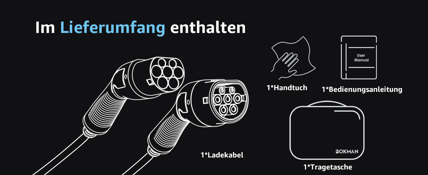 Кабель зарядки для електромобіля Bokman Typ 2, 11 кВт, 16A, 3 фази, 5 метрів, з сумкою та мікрофіброю