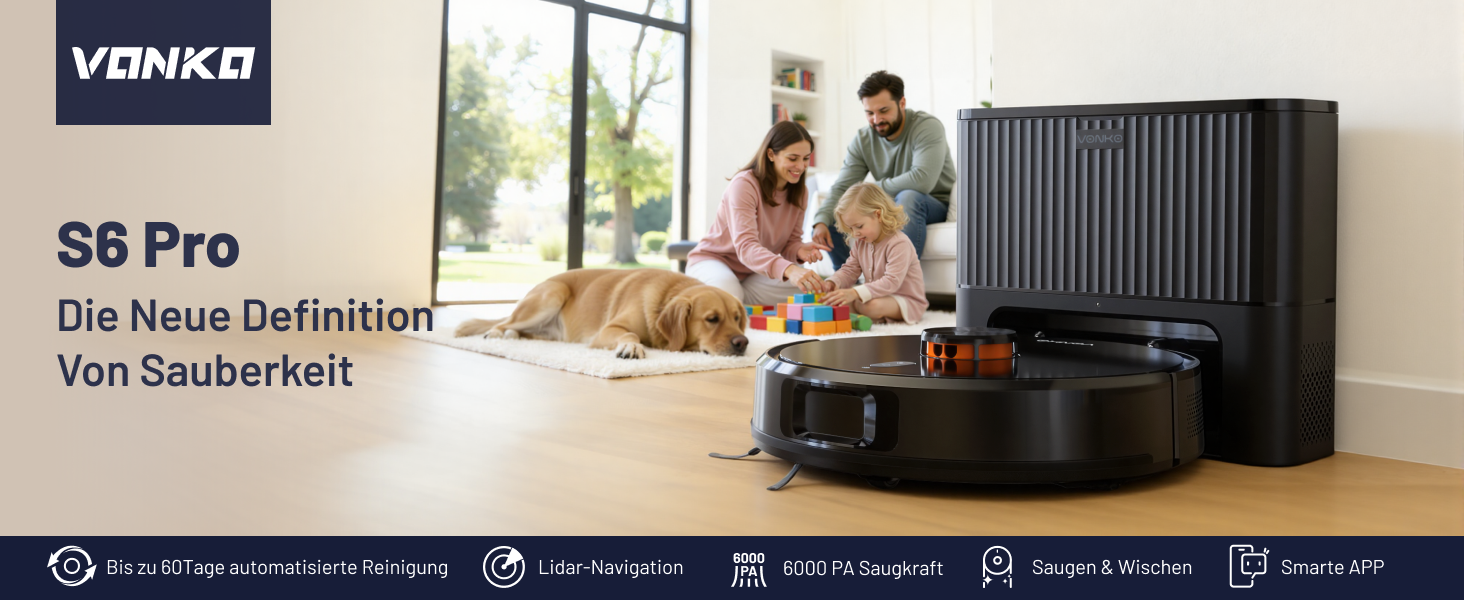 Робот-пилосос VONKO S6 Pro з функцією миття та док-станцією, 6000Pa, LiDAR 2.0, 180 хв, для тварин та килимів
