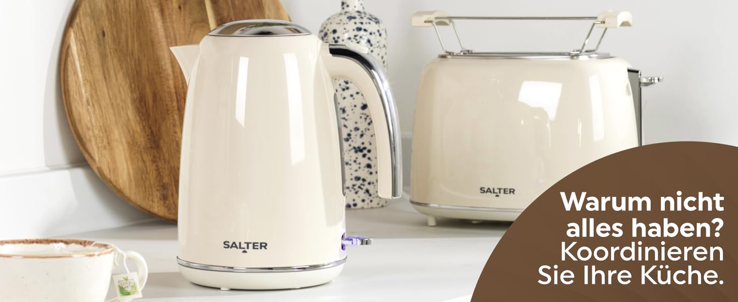 Електричний чайник Salter Retro Cream 1.7L з ретро-дизайном, 2.2 кВт, 360° обертання, фільтр від накипу, бездротовий, індикатор рівня води, захист від сухого кипіння, автоматичне вимкнення, кремовий колір