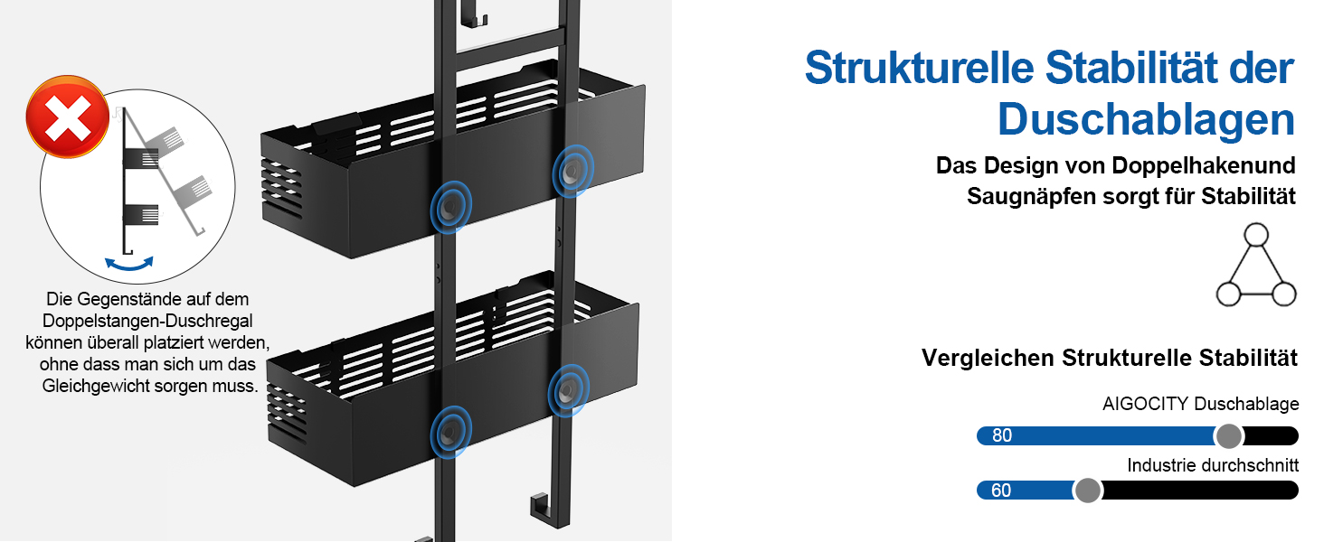 Поличка для душу AIGOCITY без свердління, чорна, для скляних душових кабін, з 3 гачками, регульована висота, для шампуню та гелю для душу