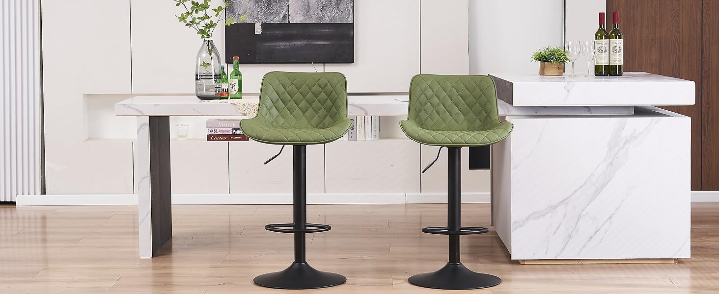 YOUNIKE Adjustable Bar Stools 2-Pack - Modern Kitchen Barstools with PU Leather Upholstery, Swivel Metal Bar Chairs for Counter/Island (Green)