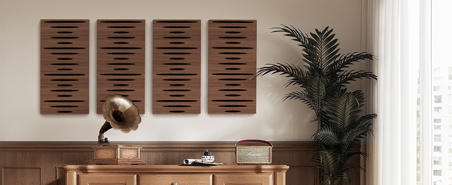 Акустичні панелі JBER для звукоізоляції стін, самоклеючі шумопоглинаючі плити з імітацією темного горіха (еліптичний візерунок), 60×30×4.5 см, 4 шт — для студії та дому