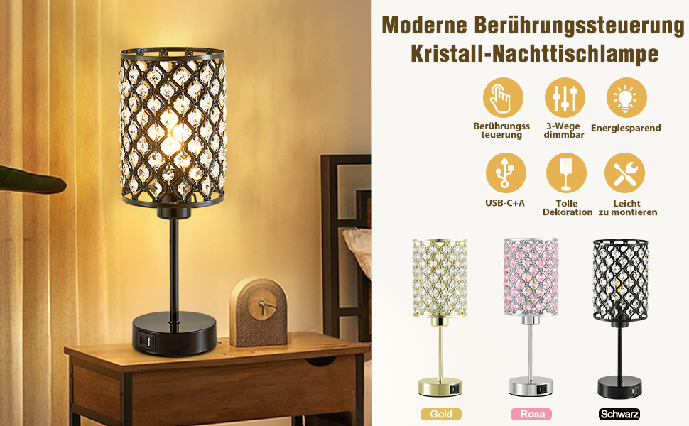 Кристалева лампа GyroVu Kristall: настільна та нічна, диммер, USB A+C, для вітальні та спальні (з лампою)