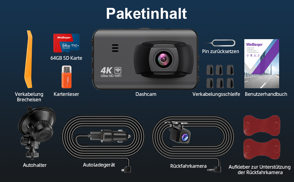 Відеореєстратор у машину Dashcam 4K з двома камерами, WiFi, 64GB SD карта, паркувальний асистент, нічне бачення, 170°+140° кут огляду, 3' IPS дисплей, G-сенсор, циклічна запис, паркування, підтримка карт до 256GB