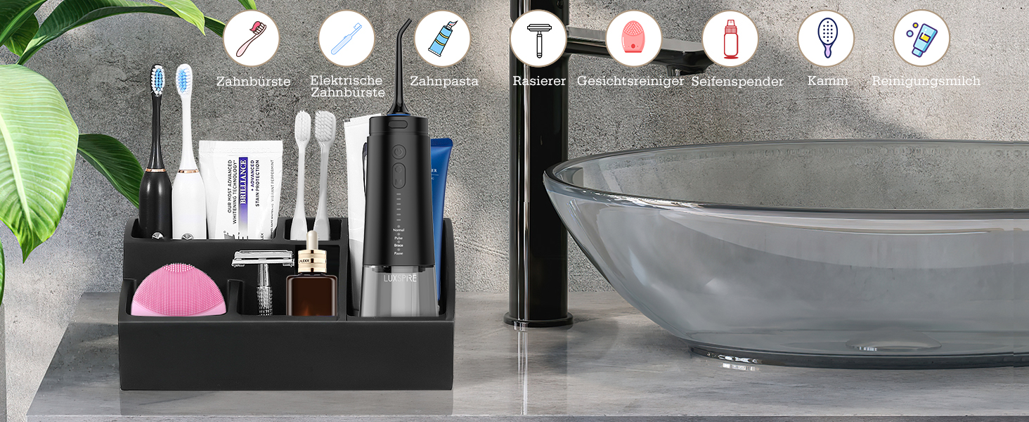 Тримач для зубних щіток Luxspire, 5 відділень, електричний, для сім'ї, велика місткість, органайзер для косметики та бритв, матовий чорний