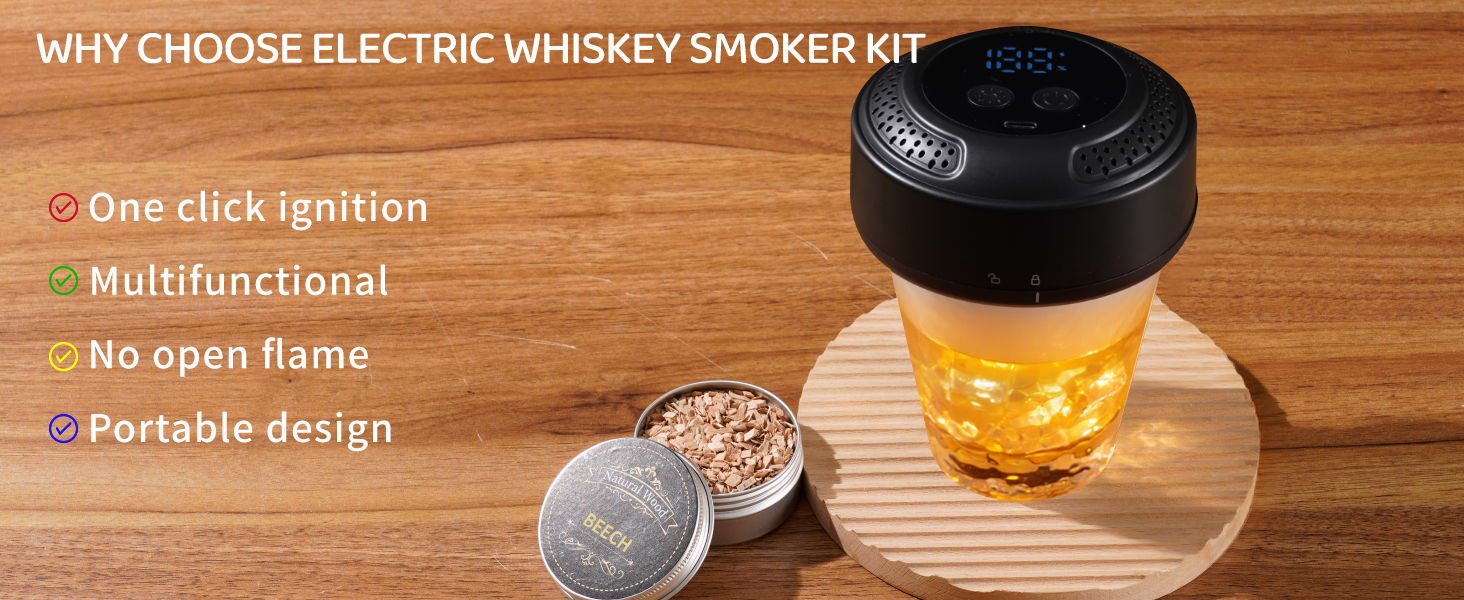 Електричний набір для копчення віскі, коктейльний дим-сет - 6 видів деревини, RGB підсвітка, безполум'яний димогенератор для коктейлів та їжі, подарунок для чоловіків