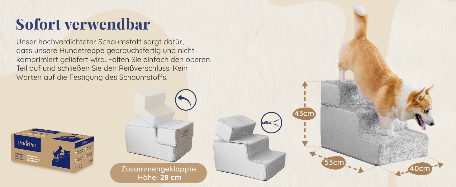 Сходинки для собак на ліжко та диван - 4 сходинки, 58 см заввишки - з пінопласту для маленьких собак - безпечні та стійкі - знімний, пральний чохол - світло-сірий