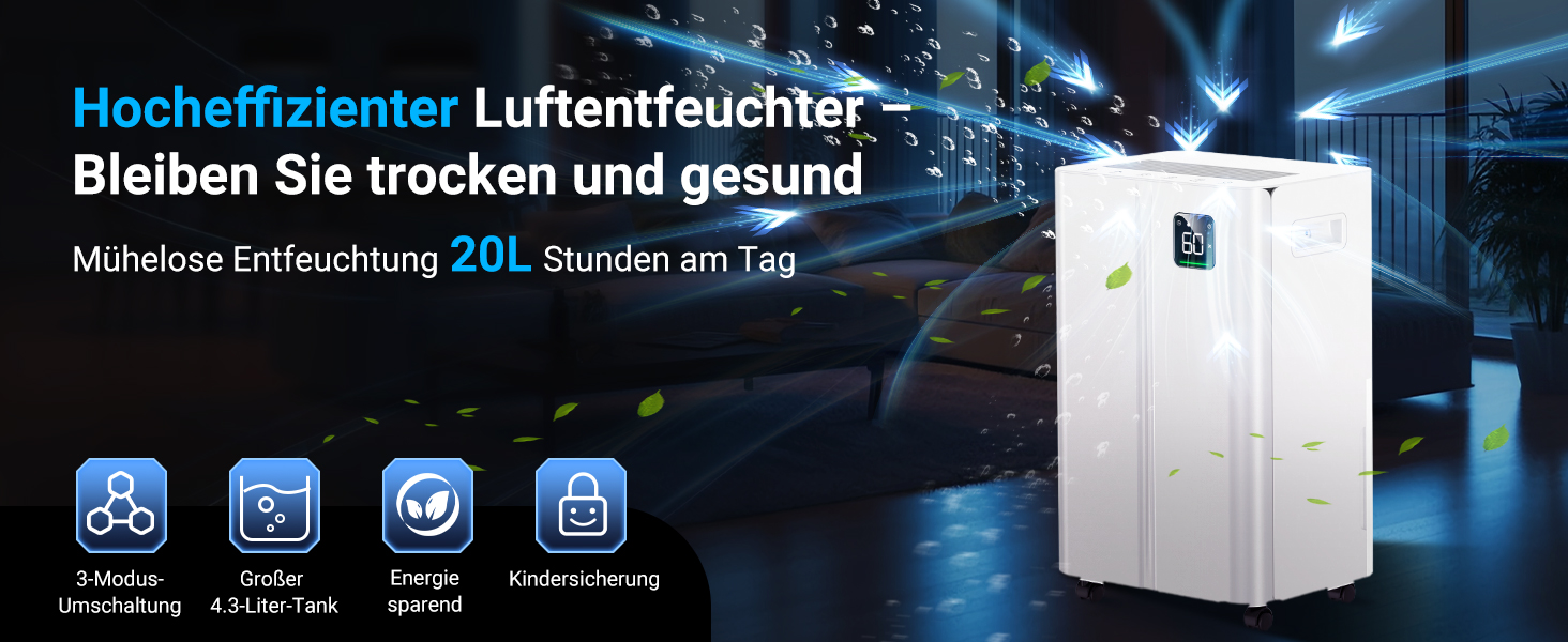 Електричний осушувач повітря 20л/день з датчиком вологості та LED дисплеєм, таймером, 3 режими, для спальні, офісу, підвалу, безперервна подача, білий