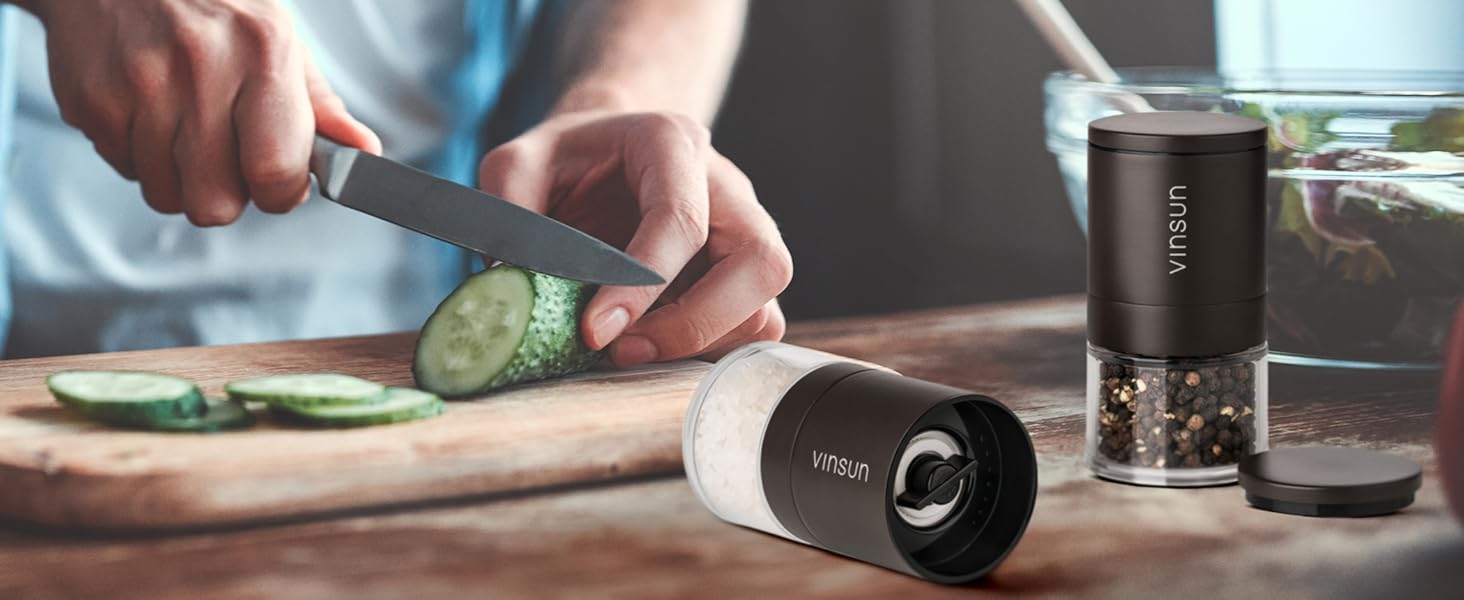 Набір з 2 мельниць для солі та перцю Vinsun - ручні, керамічний механізм, регульований, нержавіюча сталь, ø51x100mm