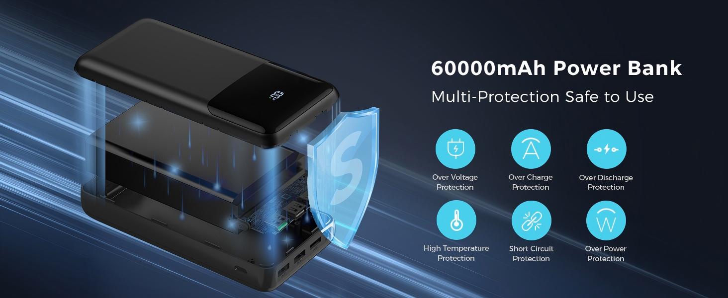 Потужний зовнішній акумулятор Power Bank на 60000 mAh, велика ємність, чорний