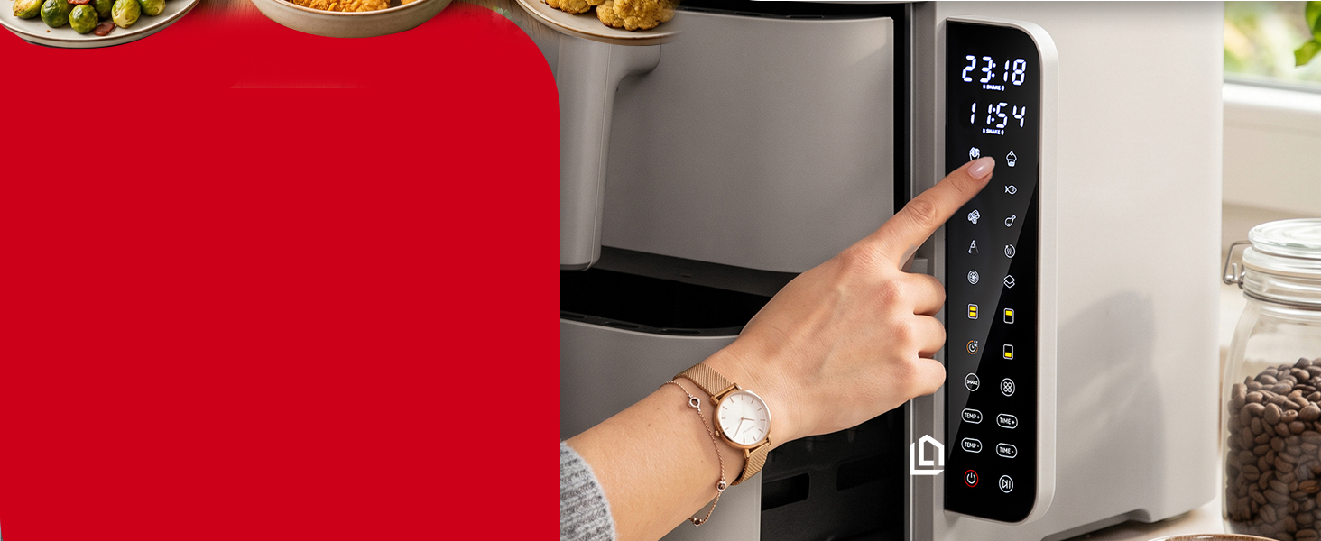 Аерофритюрниця з двома камерами LEHMANN XXL 12L, безмасляний Airfryer на 2800 Вт, 10 програм, антипригарне покриття, бежевий