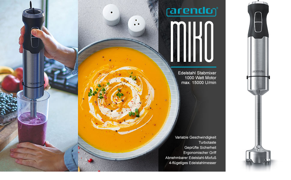 Стаціонарний блендер Arendo Stabmixer з нержавіючої сталі 1500 Вт - набір для приготування супів, смузі та соусів. Регулювання швидкості, турбо-режим, 4-лопатеве лезо, мірний стакан 800 мл, вінчик.