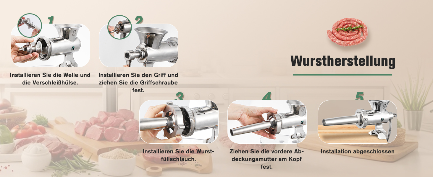 М'ясорубка ручна Huanyu з нержавіючої сталі, насадка для ковбас та печива, миється в посудомийній машині (№8)