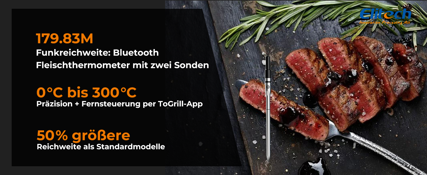 Bluetooth термометр для м'яса Elitech з двома зондами, IP67, 0-300°C, для гриля, духовки, ротисерії, фритюрниці, кухні
