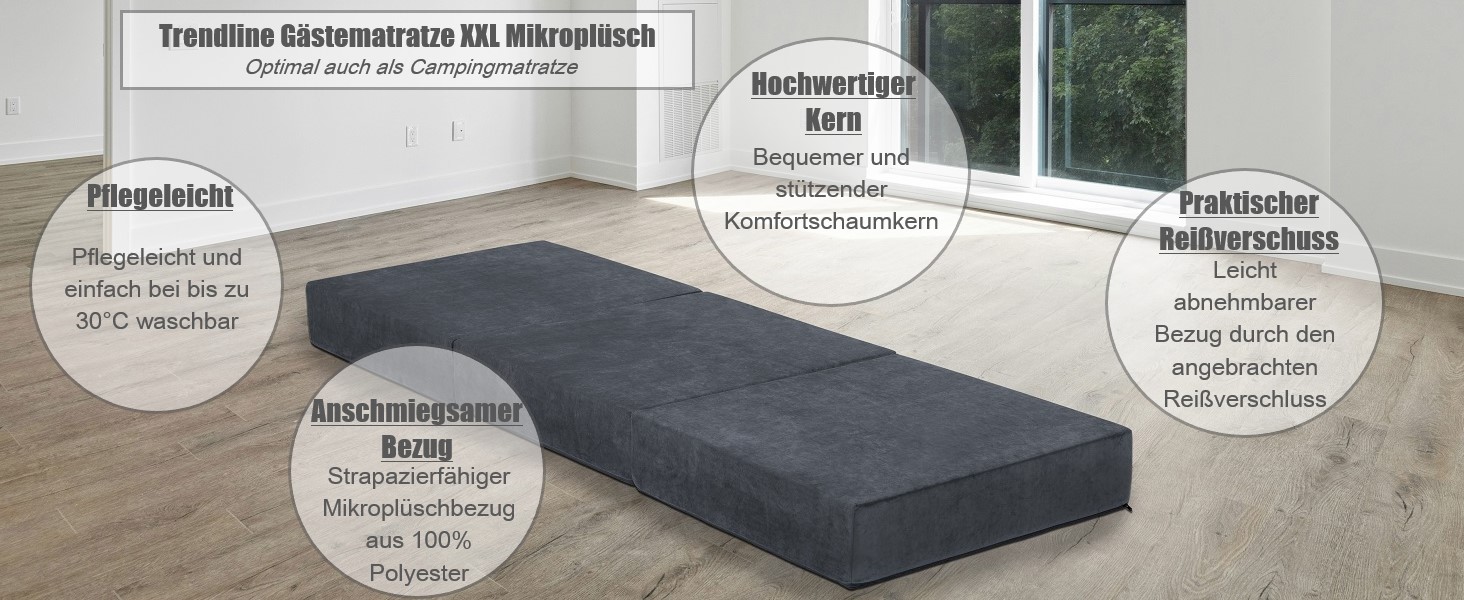 Складаний гостьовий матрац Badenia Trendline XXL, поліестер, 196x65x15,5 см, висота 15 см, плюш, сертифікат Öko-Tex, антрацит, виготовлений за німецьким стандартом якості
