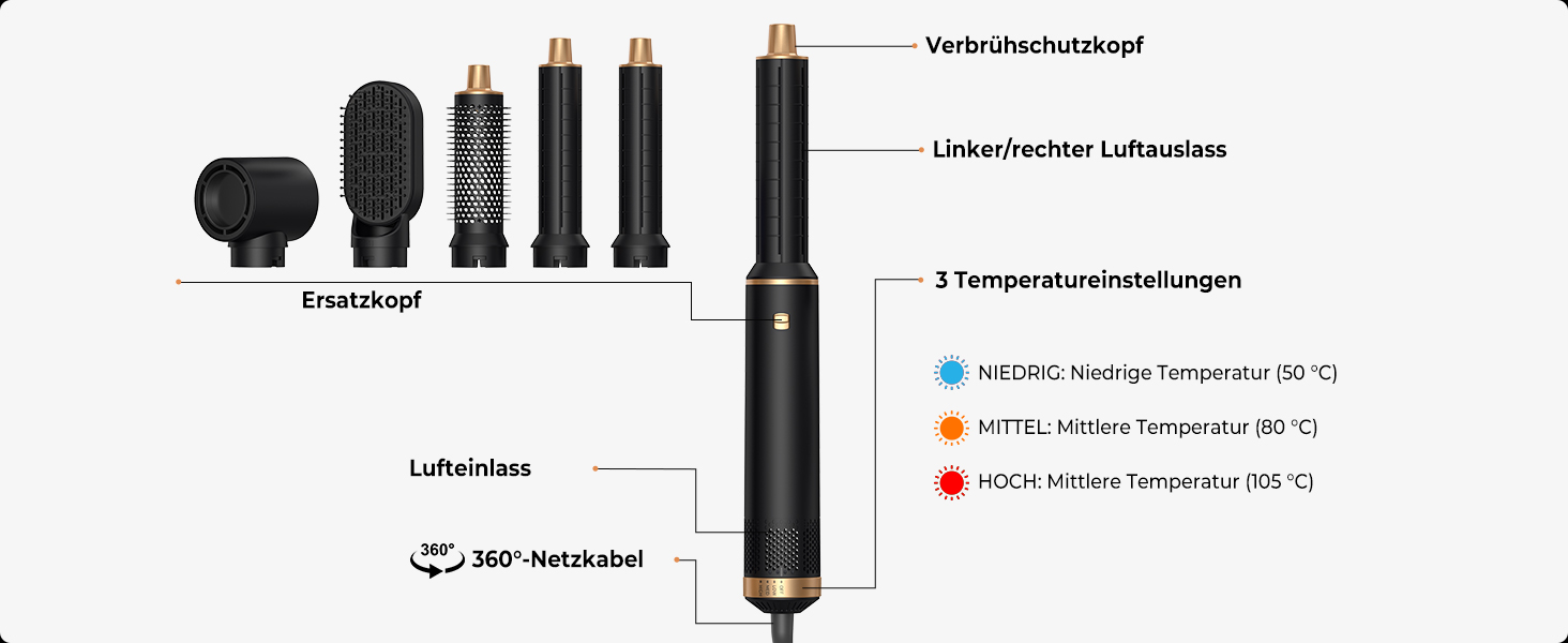 Мультистайлер для волосся 5 в 1 MogaWave Airstyler Airbrush Pro 1000W: фен-щітка, плойка та об'ємний стайлер з іонізацією, чорний
