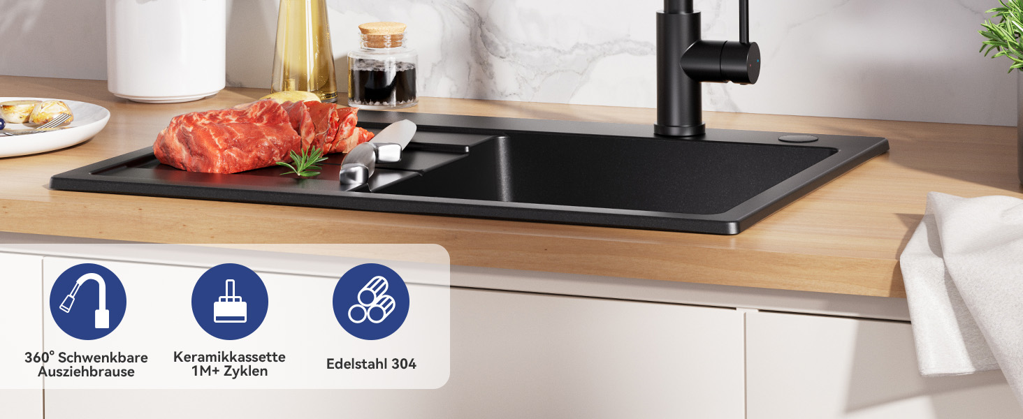 Кран кухонний CECIPA з висувною лійкою, високий поворотний вилив, 360° оберт, нержавіюча сталь, чорний