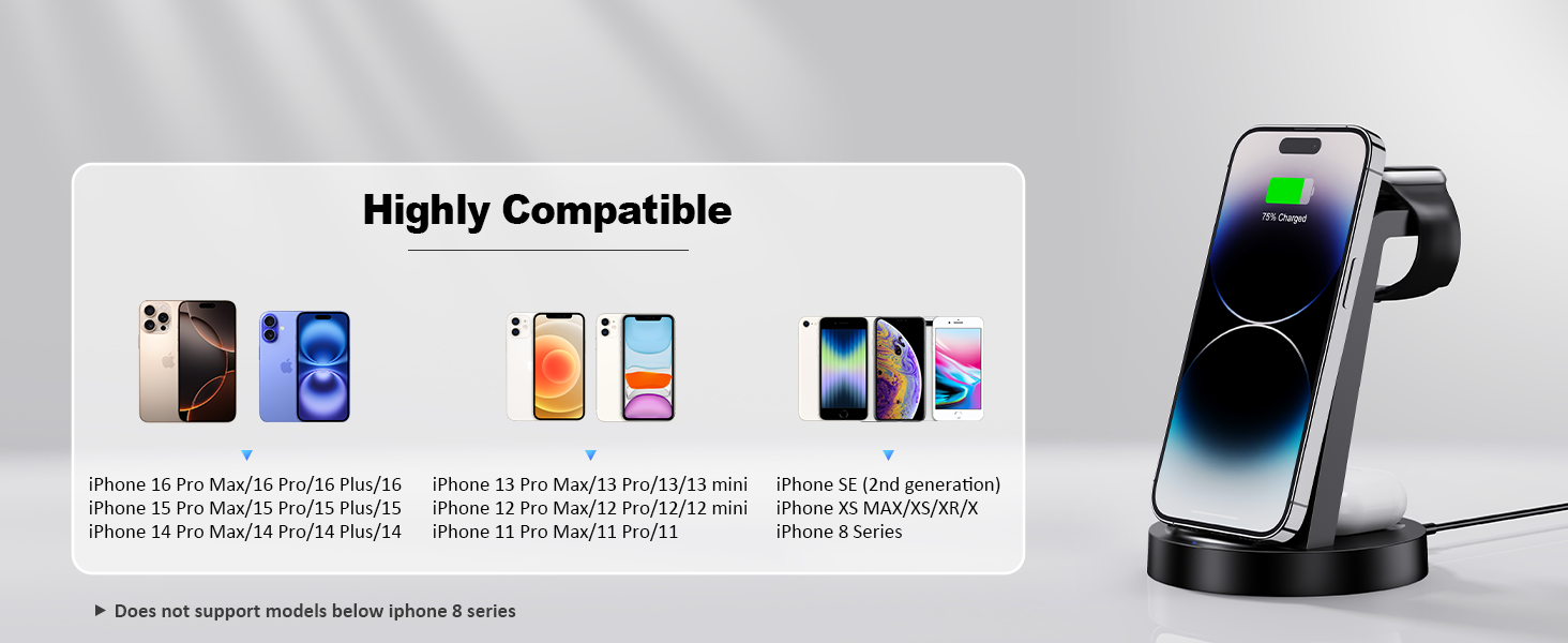 Зарядна станція 3 в 1 для iPhone з бездротовою зарядкою, 18W, сумісна з Apple iPhone 16, 15, 14, 13, 12, 11, X, Pro, Max, Apple Watch та AirPods, чорна