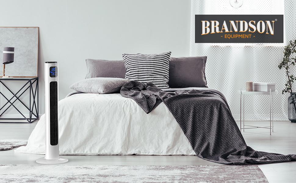 Вентилятор підлоговий Brandson з пультом керування 96 см, тихий, мобільний, з осциляцією, 3 швидкості, 3 режими, таймер, сертифікат GS, сірий колір (B: перламутровий білий)