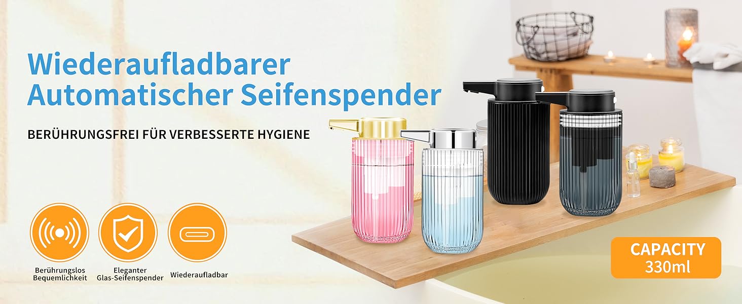 Автоматичний безконтактний диспенсер для мила на 300 мл з рожевого скла, перезаряджуваний, без дотиків, з електричним сенсором, для дому та офісу