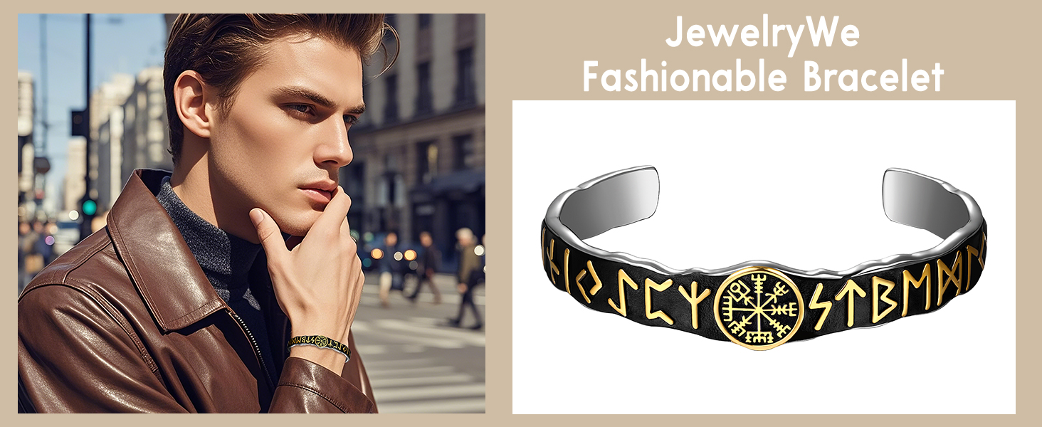 Чоловічий браслет JewelryWe з нержавіючої сталі з вовком, плетіння, стиль вікінг/байкер, відкритий браслет, срібло/золото/чорний, еластичний, Vegvisir