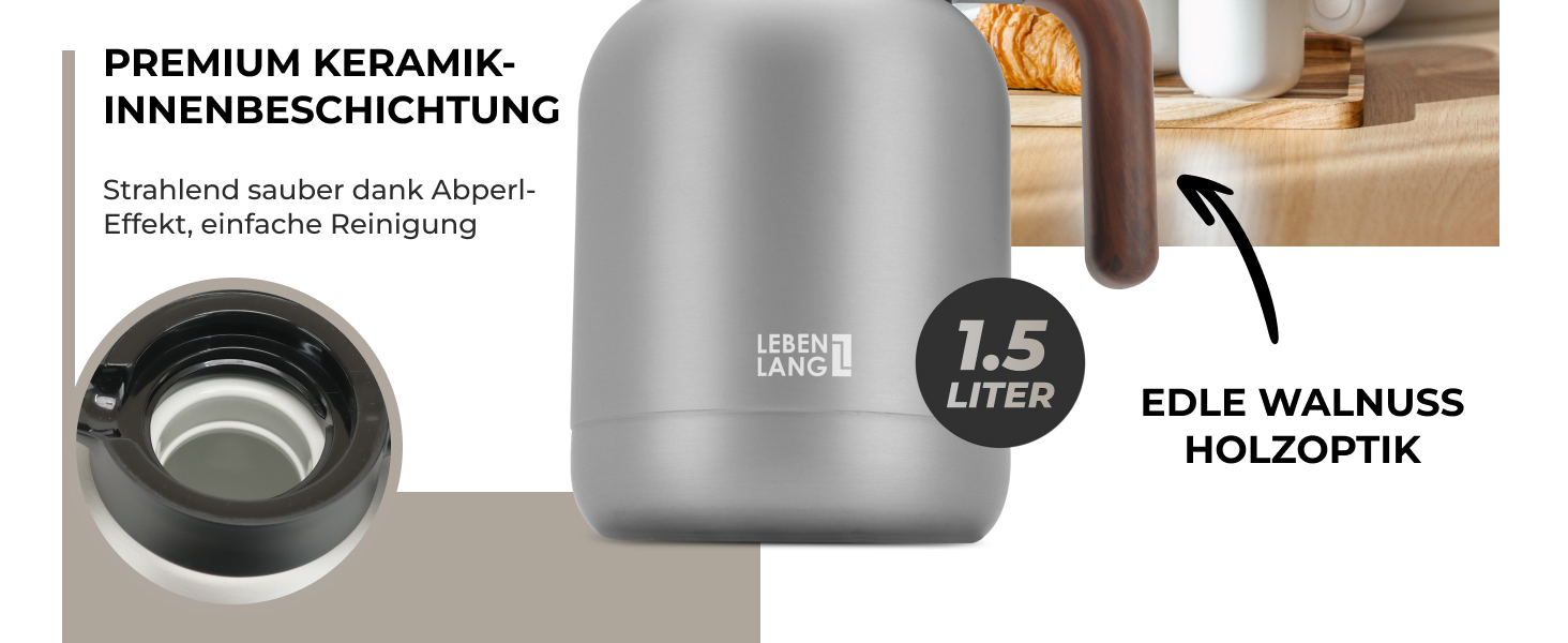 Термос LEBENLANG 1,5L з керамічним покриттям - з ситом для чаю | 24 години зберігає тепло | Кавова/чайова кана | Термоізольована кана 1,5 літра