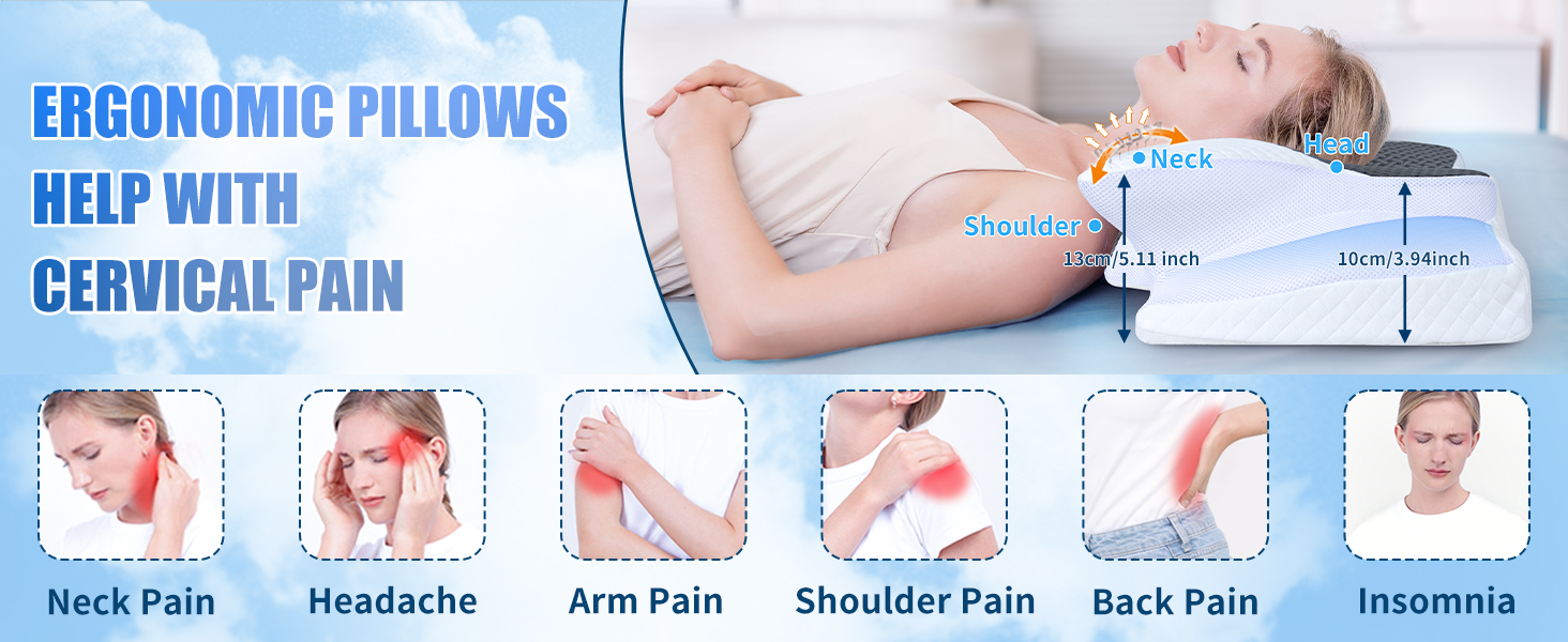 Подушка для шиї SAHEYER з Memory Foam, ортопедична, ергономічна, для сну на боці, 60x35.5x10/13 см (сіра)