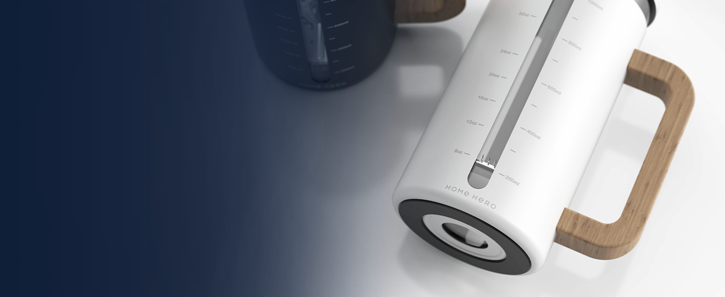 Френч-прес для кави Home Hero – 963.9 г, з бамбуковим руків'ям, скло Borosilikat, нержавіюча сталь, 4-шаровий фільтр, чорний