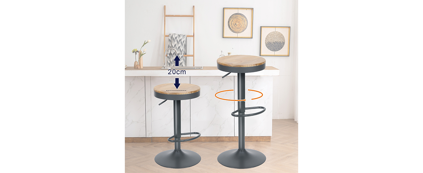Kidol Adjustable Height Wooden Bar Stool with 360° Swivel - Industrial Modern Design for Kitchen Counter (Grey Wood)