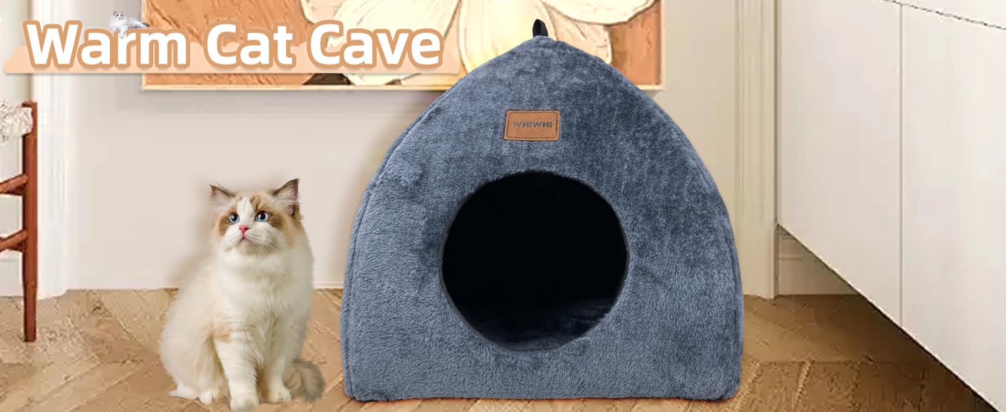 Кішка-будиночок для дому: затишне ліжко-печера для котів з м'яким знімним подушкою, 40x40x35 см, темно-синій